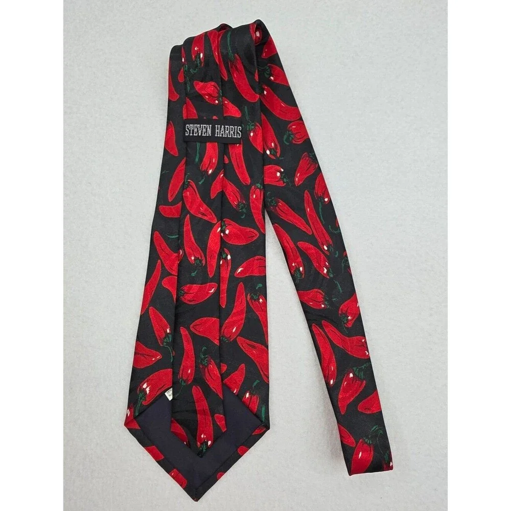 Steven Harris Men's Black Tie with Red Chili Pepper Print Poly 3985